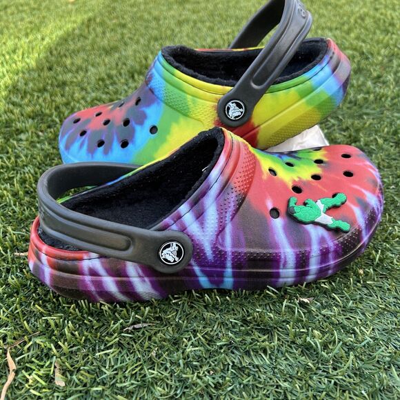CROCS Classic Fur Lined Clog US W7 Mens 5 Tie Dye Shearling Mule Slipper Shoes - Picture 1 of 12